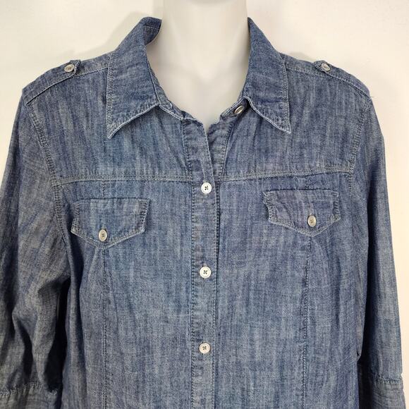 Chicos Shirt Womens Size 1 Medium Button Up Chambray Blue 3/4 Sleeves Cotton - Picture 3 of 9
